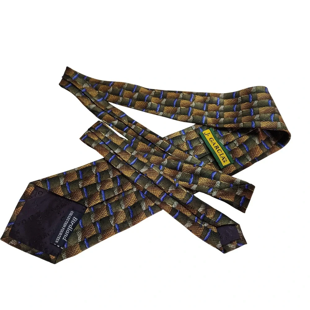 J Garcia Mens Silk Tie Birdland Collection Fourteen‎ Brown Blue Geometric 4 x 60